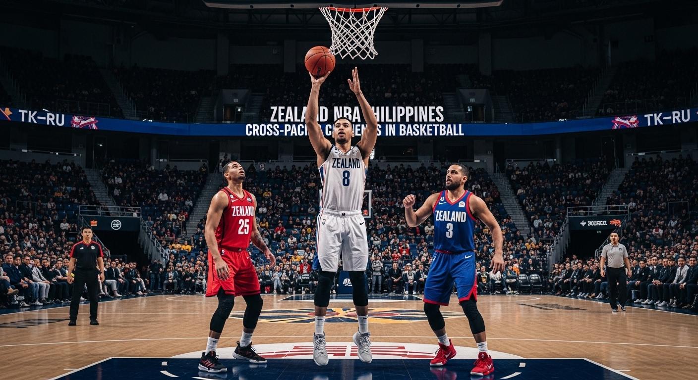 Philippine and New Zealand basketball players competing on court with cultural performance in the background.