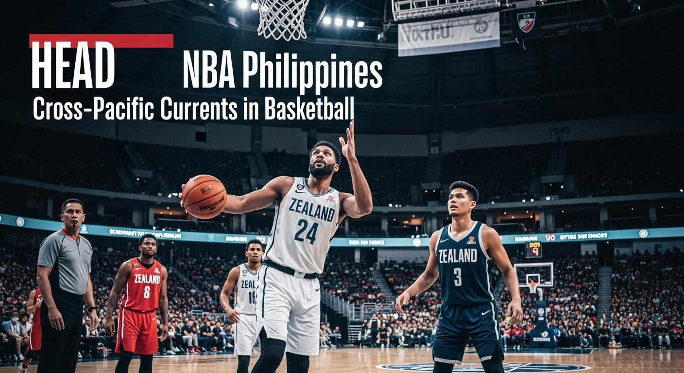 Philippine and New Zealand basketball players competing on court with cultural performance in the background.