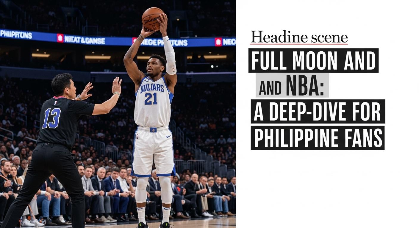 Basketball players on a bright court beneath a large full moon over a Philippine city skyline.