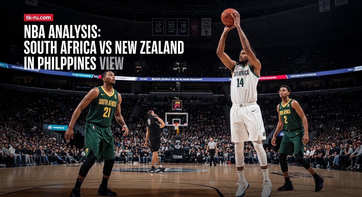 Basketball court with South Africa and New Zealand flags and cheering Philippine fans