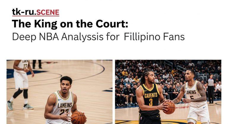 Editorial illustration of a veteran NBA star nicknamed 'King' on the court with a Philippine crowd in the background.