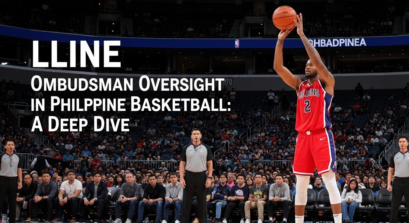 Philippine basketball arena with ombudsman-themed graphic overlay.