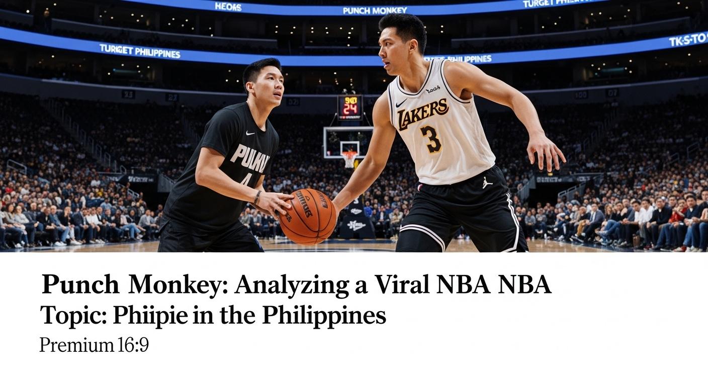 Cartoon monkey punching a basketball toward a hoop on an NBA-style court with Philippine flag colors.