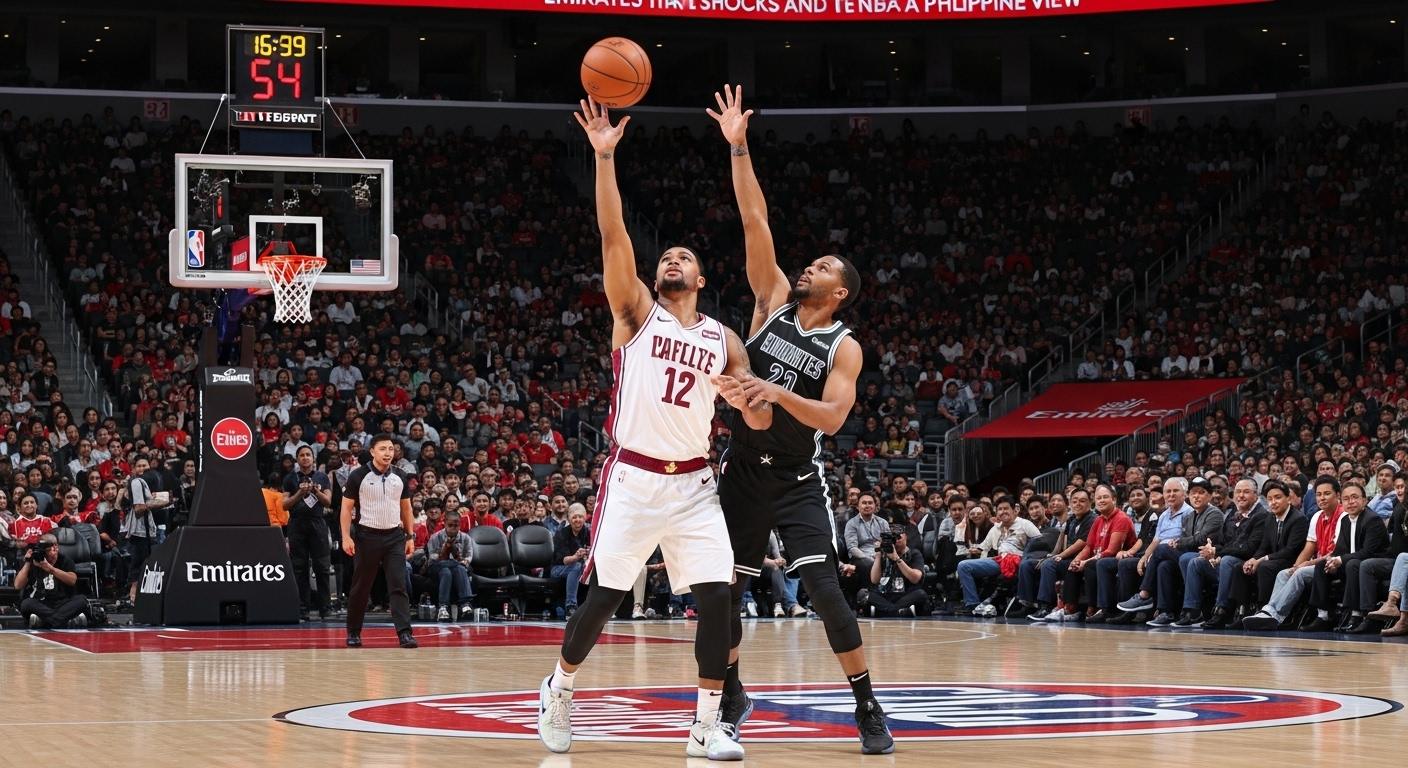 Emirates aircraft at Dubai airport with basketball court silhouette representing NBA travel