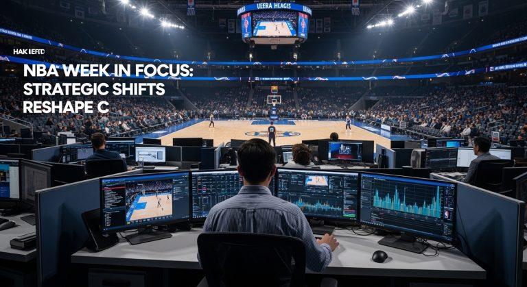 Editorial desk analyzing NBA strategy with cross-sport branding visuals.