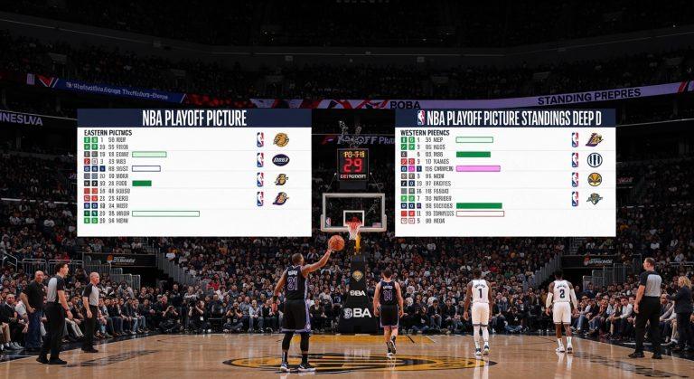 Infographic illustrating the NBA playoff picture Standings with conference seeds and team logos.